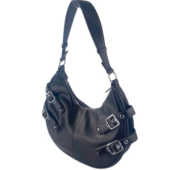 Rita Ora Women's Black Leather Buckle Half Moon Hobo Shoulder Handbag Size OS - Picture 1 of 6